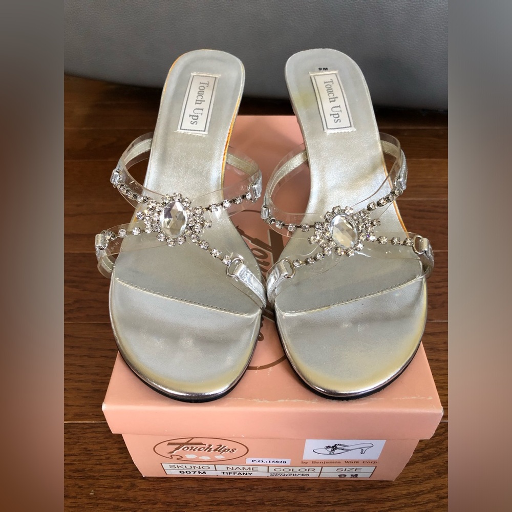 Touch Ups Tiffany Silver Metallic Heels with Jewels on Clear Straps- size 9